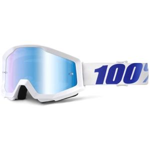 Motokrosové okuliare 100% Strata Chrome Equinox biela, modré chróm plexi s čapmi pre trhačky