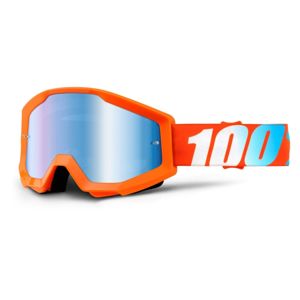 Motokrosové okuliare 100% Strata Chrome Orange oranžová, modré chróm plexi s čapmi pre trhačky
